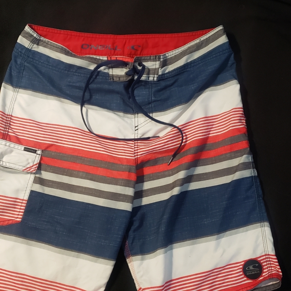 O'Neill Men's Bold Striped Board Shorts - Red, Blue, Gray